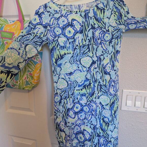 Lilly Pulitzer | Marlowe 3/4 Sleeve Dress | Girls L | Indigo Sunset Swim Print - Picture 4 of 8